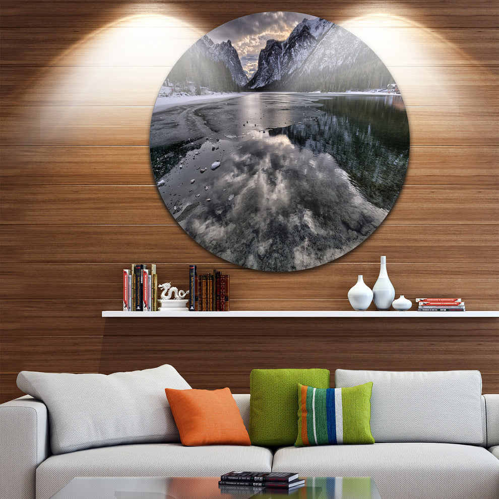 Black Icy Mountain Lake With Snow, Landscape Disc Metal Wall Art, 36"