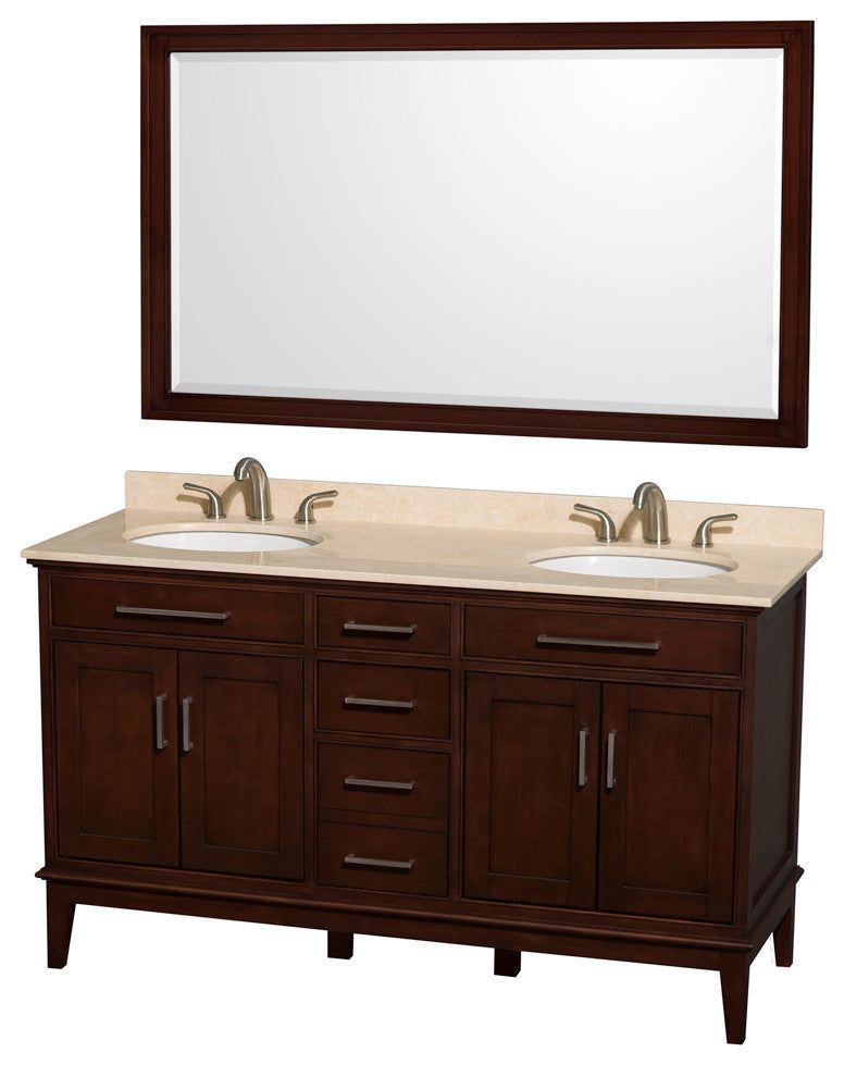 Hatton 60" Dark Chestnut Double Vanity, Ivory Marble Top, Um Rd Sinks, 56"