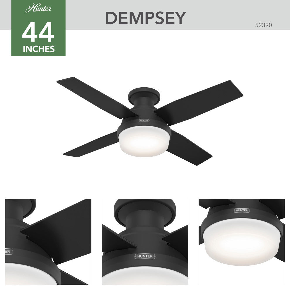 Hunter 44" Dempsey Matte Black Low Profile Ceiling Fan, LED Kit, Remote