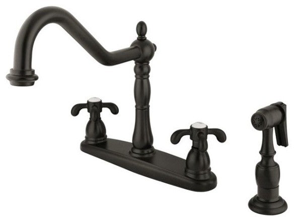 French Country Double Handle 8" Centerset Kitchen Faucet with White Sprayer