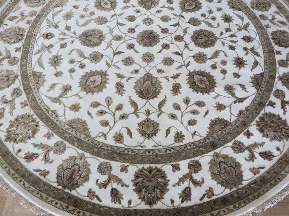 10x10 Round Handmade Ivory Tabriz With Silk Oriental Rug