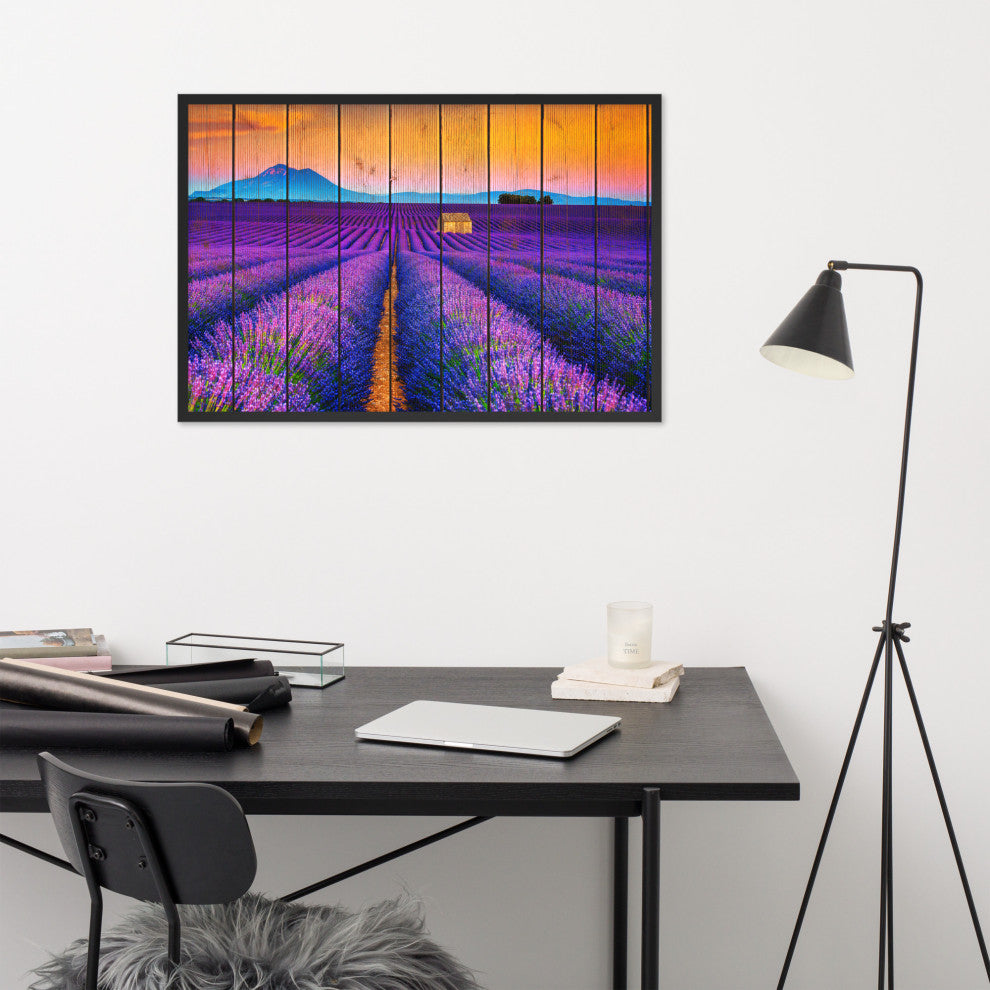 Faux Wood Lavender Fields and Sunset Landscape Framed Photo Paper Wall Art Print, Black, 24" X 36"