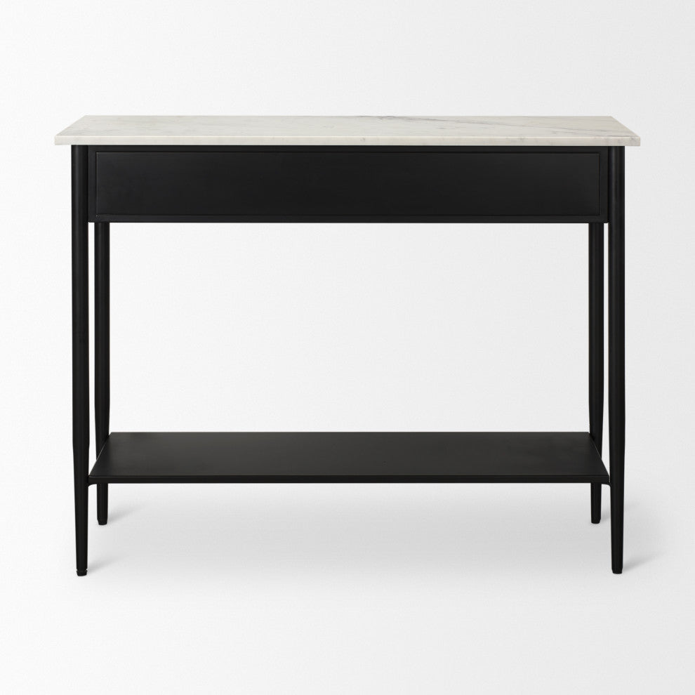Amika White Marble Top Black Metal Base Console Table