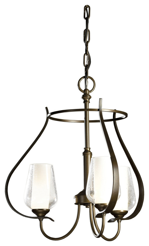Flora 3 Arm Round Chandelier, Bronze Finish, Opal and Seeded Glass