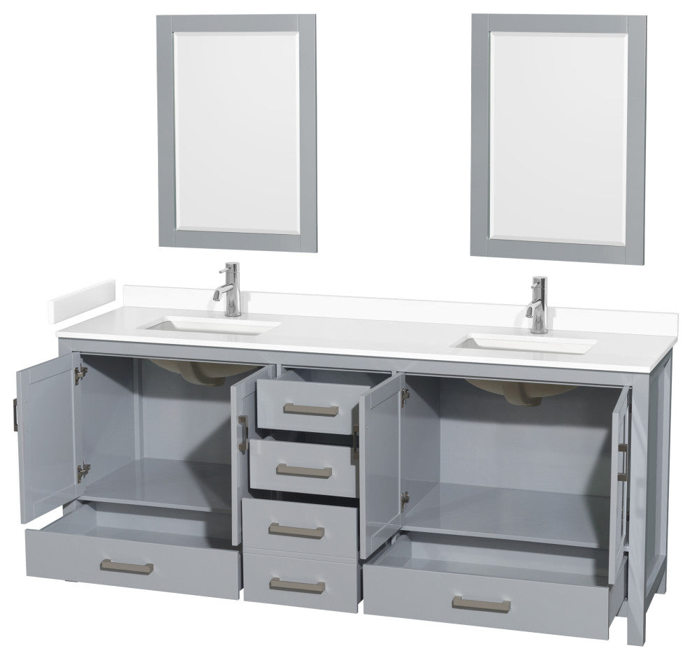 80"DBL Bathroom Vanity Gray, White Cult. Marble Countertop, Sinks, 24" Mirrors