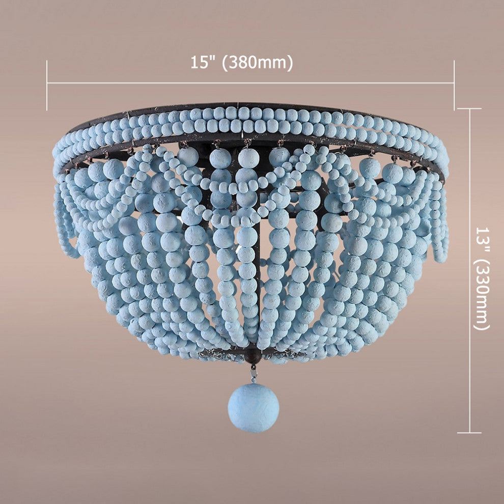 Kesarre Boho Wood Bead 3-Light Dome Shaped Flush Mount Ceiling Light, Blue
