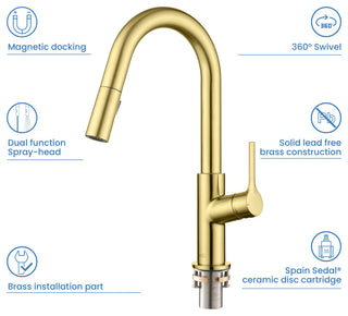 Fusion Single Handle Pull Down Kitchen & Bar Sink Faucet, Brushed Gold