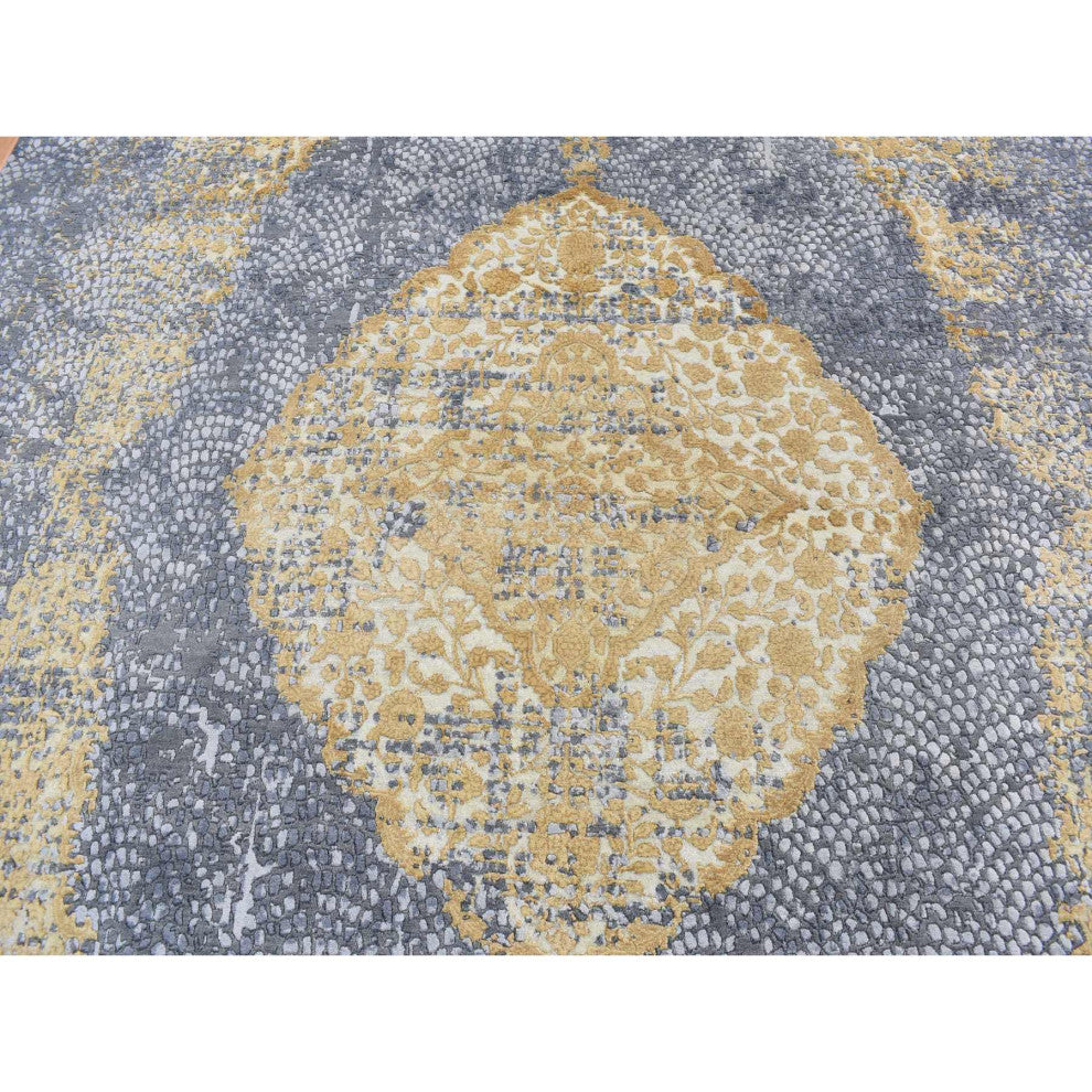 Carbon Gray Persian Medallion Design Wool and Silk Hand Knotted Rug 9'x11'10"