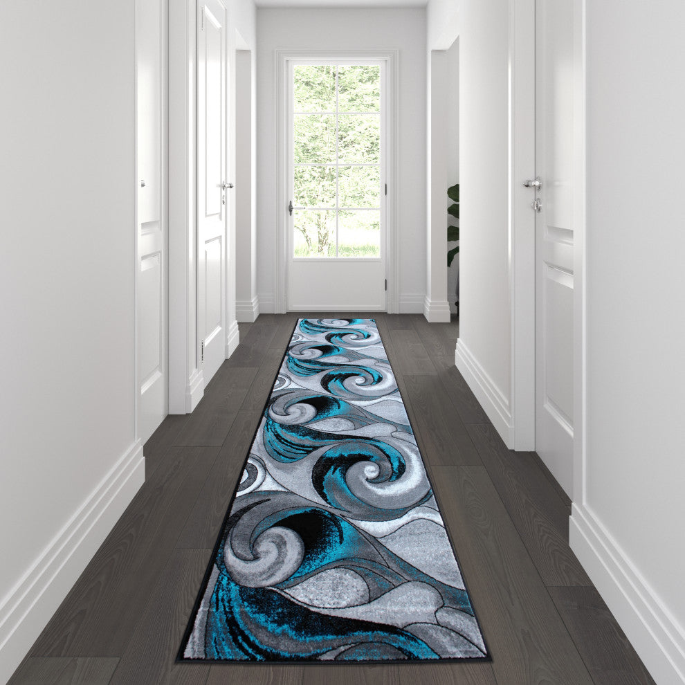 Angie Collection Runner 3' x 10' Turquoise Ocean Waves Pattern Area Rug