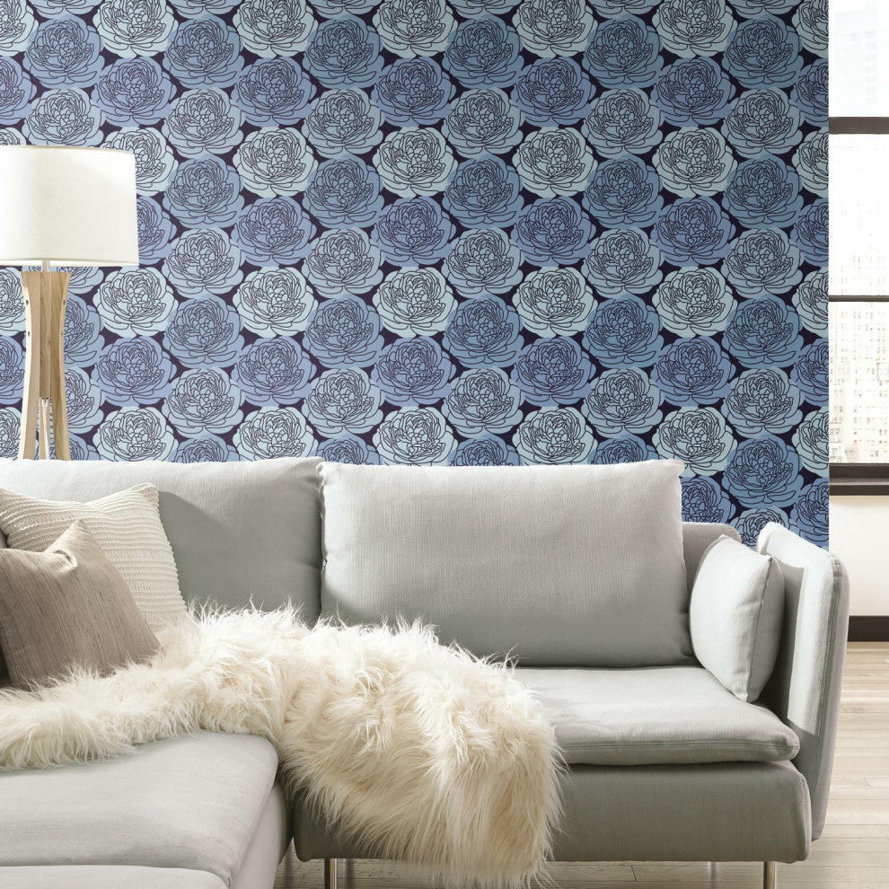 Blue & Black Bed Of Roses Peel & Stick Wallpaper