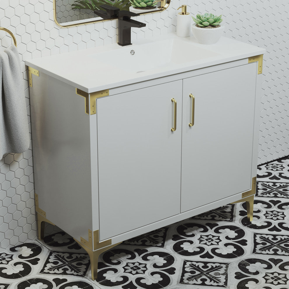 Voltaire 36" Single, Bathroom Vanity, White With Gold Hardware