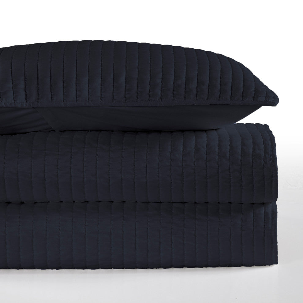 Satin Channel Quilt Set, 3 Piece, Navy Blue, Full/Queen