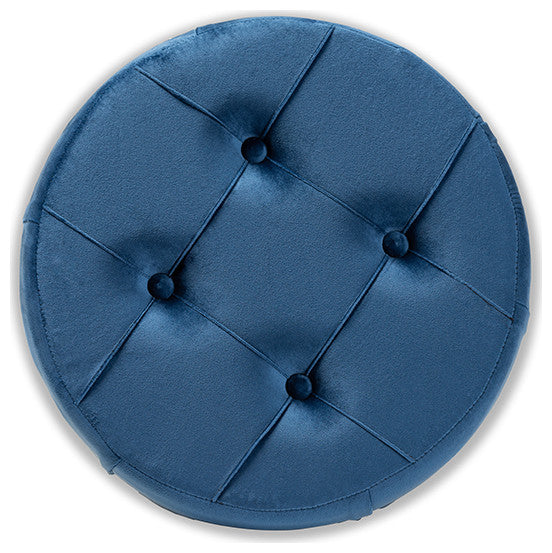 Navy Blue Velvet Fabric Upholstered Gold Finished Button Tufted Ottoman
