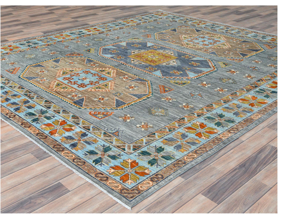 Silver Gray Wool Hand Knotted Armenian Inspired Design 200 KPSI Rug, 8'3"x9'7"