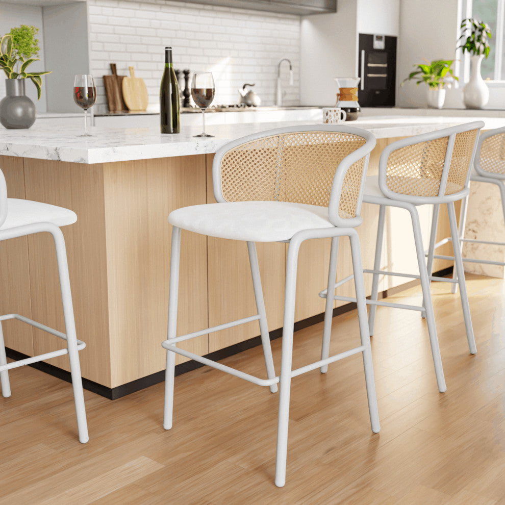 LeisureMod Ervilla Wicker Bar Stool With White Powder Coated Steel Frame, White