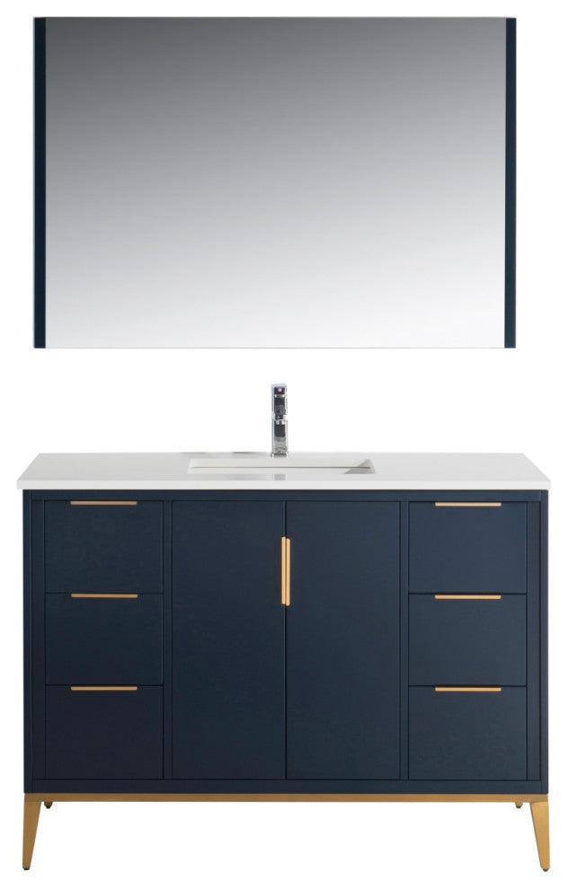 DIVANI 48" Vanity WithQuartz Counter Top, Gloss White, Navy Blue