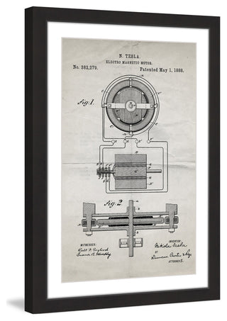"Tesla Motor 1888 Old Paper" Framed Painting Print