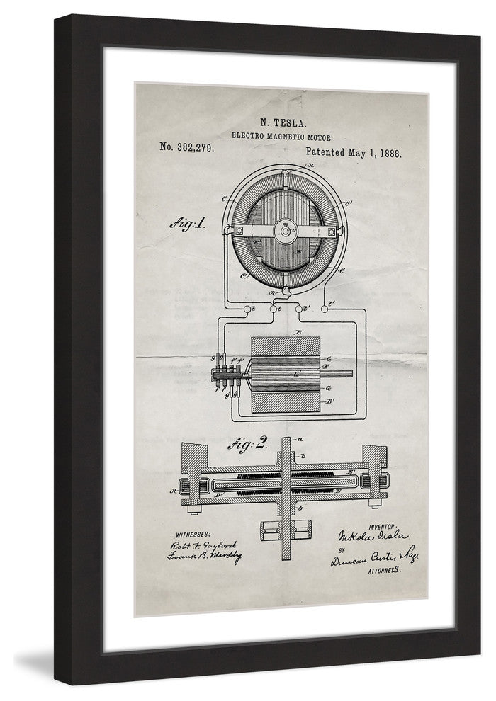 "Tesla Motor 1888 Old Paper" Framed Painting Print