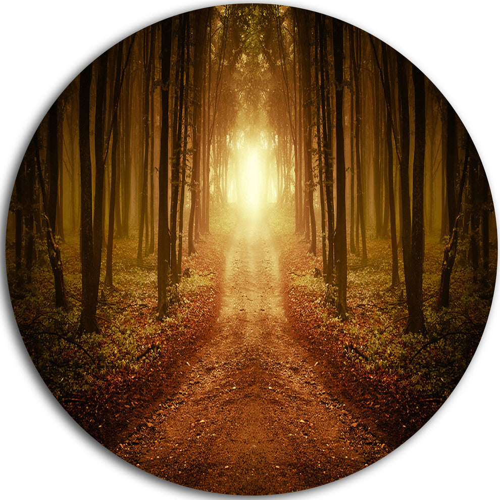 Road In Symmetrical Forest, Landscape Photo Round Wall Art, 11"