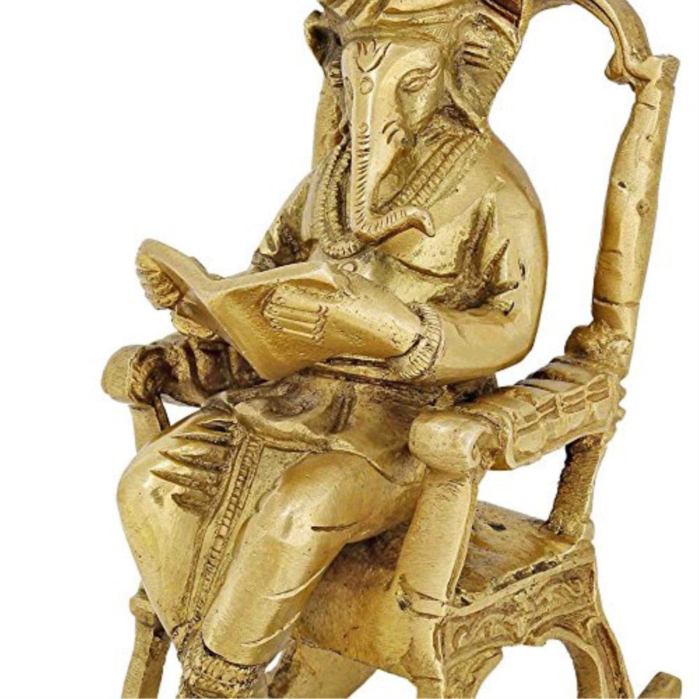 Hindu Art Ganesha God Seated On A Rocking Chair and Reading A Book 7"