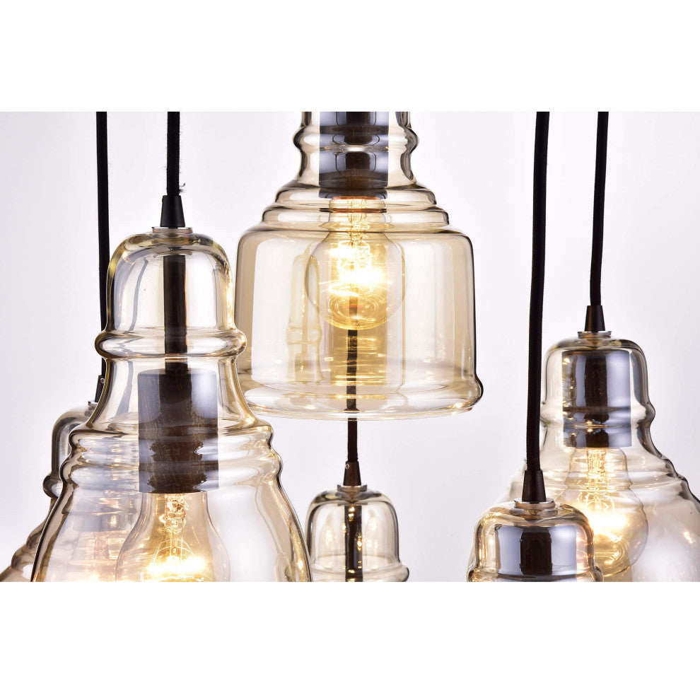 Sara 6-light Cognac Glass Pendant Round Base, Antique Black Finish
