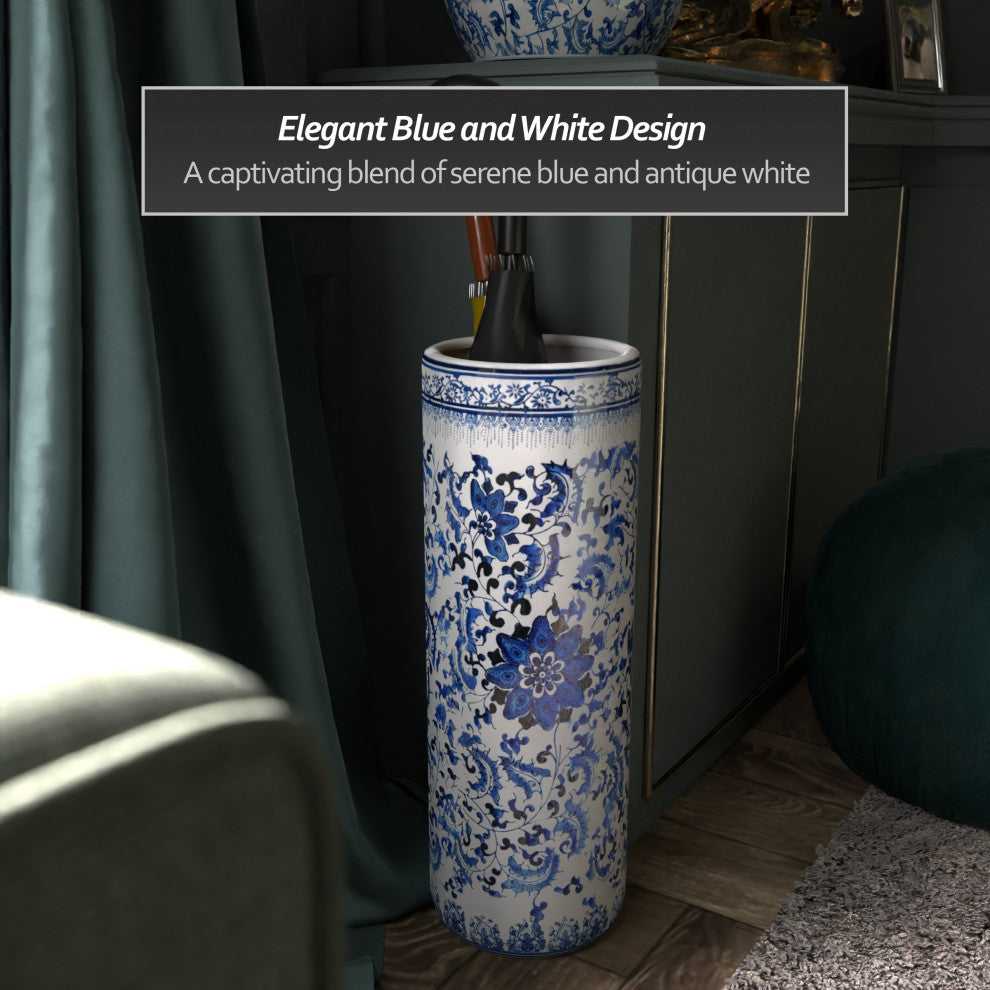 24" Floral Blue and White Porcelain Umbrella Stand