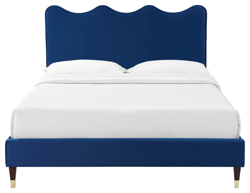 Platform Bed Frame, King Size, Blue Navy, Velvet, Modern, Bedroom Guest Suite