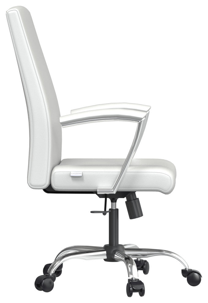 LeisureMod Evander Swivel Office Chair in Leather With Silver Frame, White