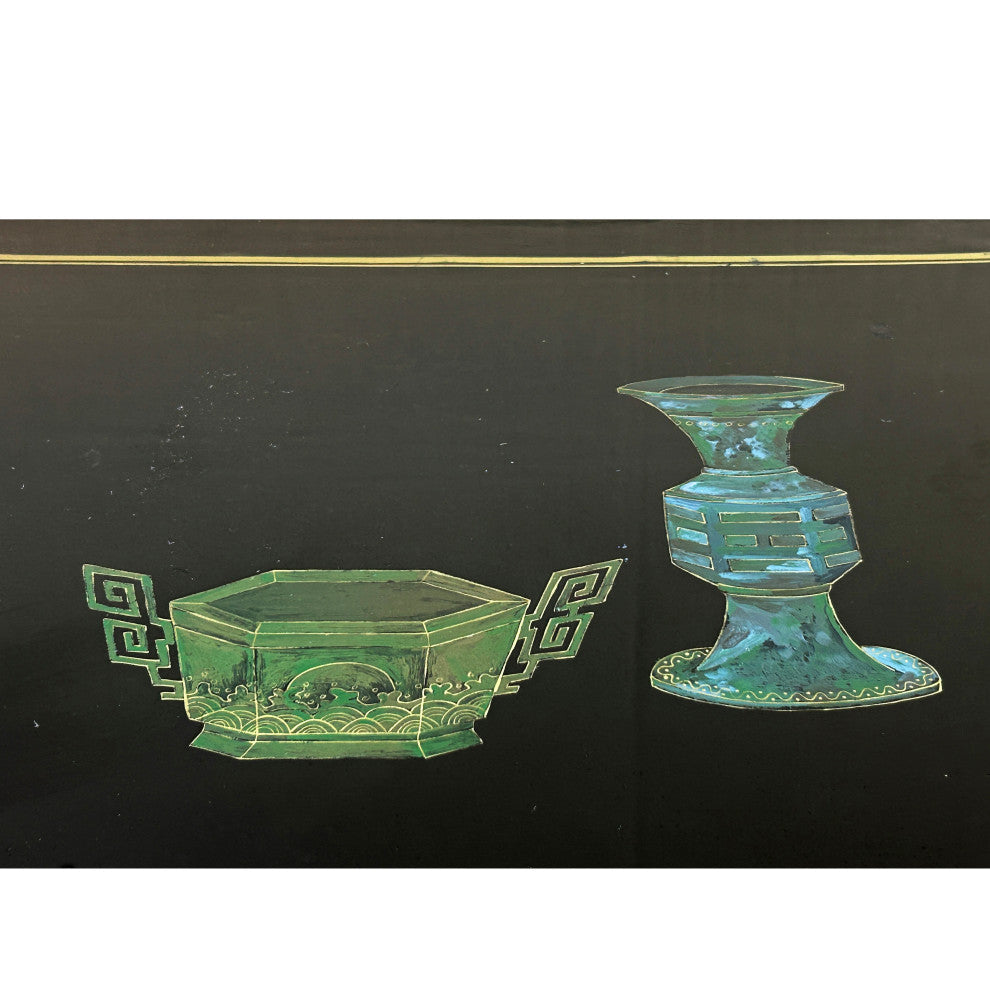 Vintage Chinoiseries Black Stone Inlay Graphic Credenza Storage Cabinet Hws4256