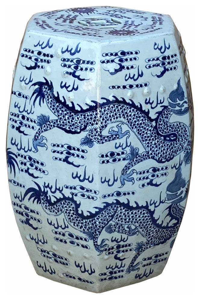 Chinese Blue & White Porcelain Hexagon Double Dragons Table Stool Hcs7004