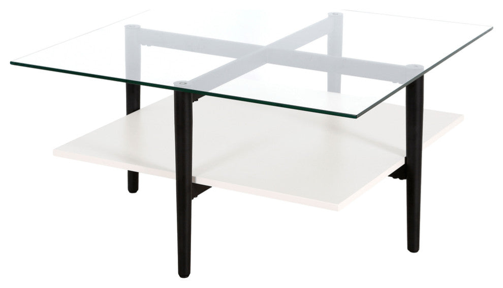 32" White And Black Glass And Steel Square Coffee Table With Shelf