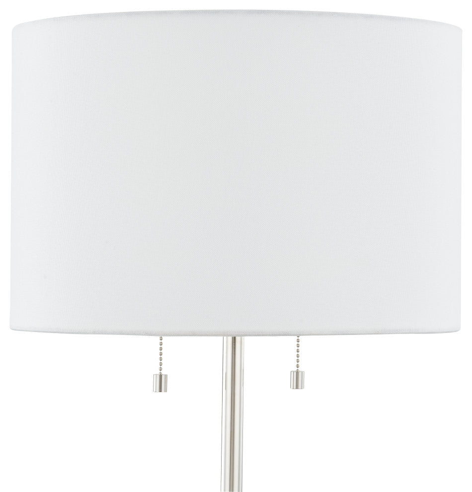 Polished Nickel Frame and Painted Gray With Linen Drum Shade Table Lamp