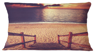 Wood Boardwalk in Beach At Evening Bridge Throw Pillow, 12"x20"