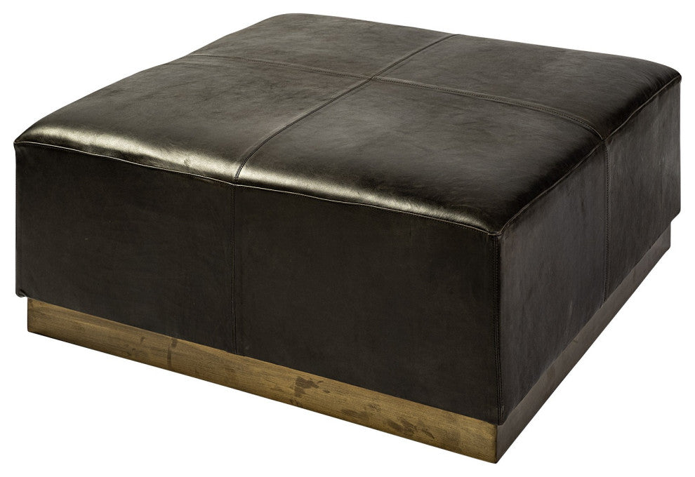 Black Leather Ottoman With Metal Base