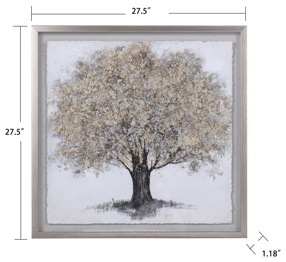 Gold Foliage Shadow Box Wall Art With Foil On Rice Paper Gray Wash Frame