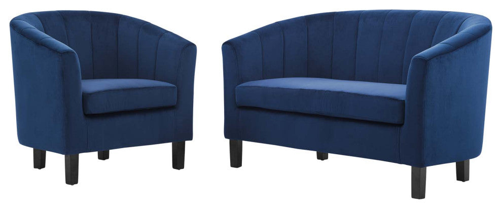 Tufted Armchair and Loveseat Sofa Set, Velvet, Blue Navy, Modern, Lounge