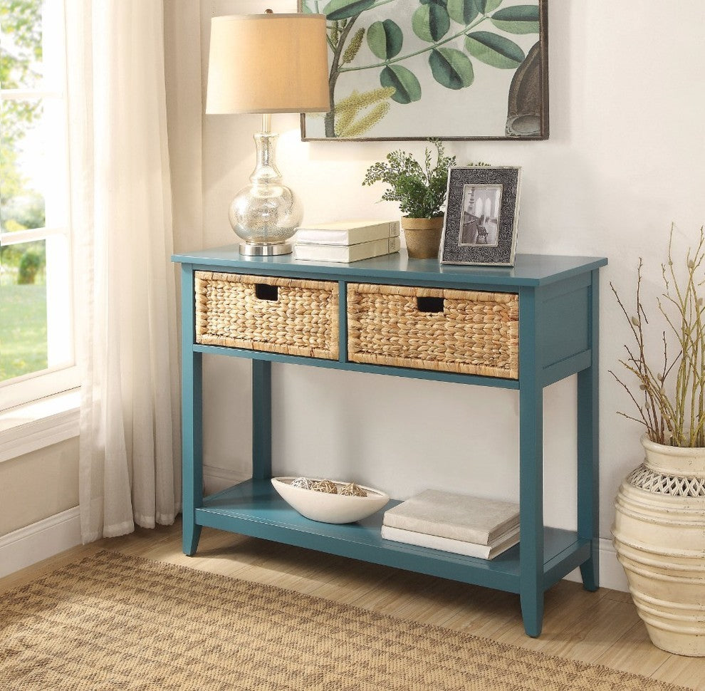 Benzara BM154249 2 Weave Front Drawer Wooden Console Table With Open Shelf, Blue