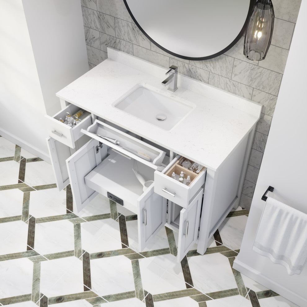 Kali Vanity with Power Bar and Drawer Organizer, White, 48