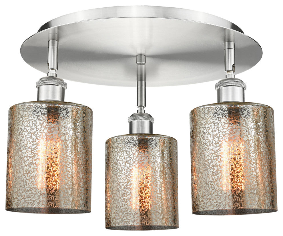 Cobbleskill-3 Light 17" Flush Mount-Satin Nickel, Mercury Glass Shade
