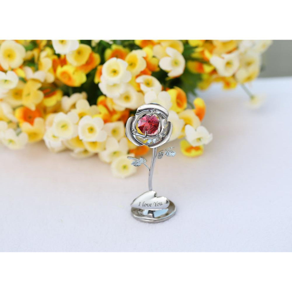 Matashi Chrome Plated Silver Rose Flower Tabletop Ornament With Red Crystals