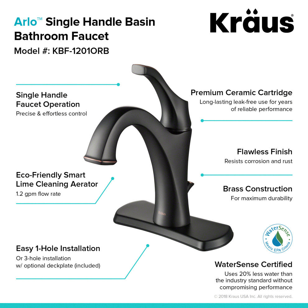 Arlo Single Handle 1-Hole Bathroom Basin Faucet, Lift Rod Drain, Oil Rub Bronze