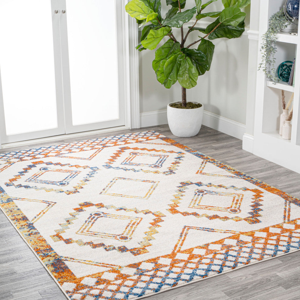Amir Moroccan Beni Souk Rug, Ivory/Blue/Orange, 5 X 8