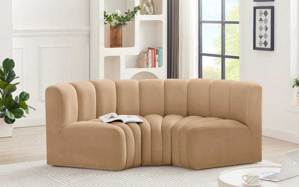 Arc Velvet Upholstered 3-Pc. Inward Curved Modular Sectional, Camel