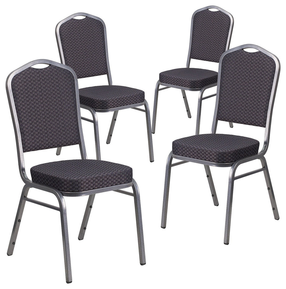 4 Pack Dining Chair, Cushion Seat & Back, Black Patterned Fabric/Silver Vein