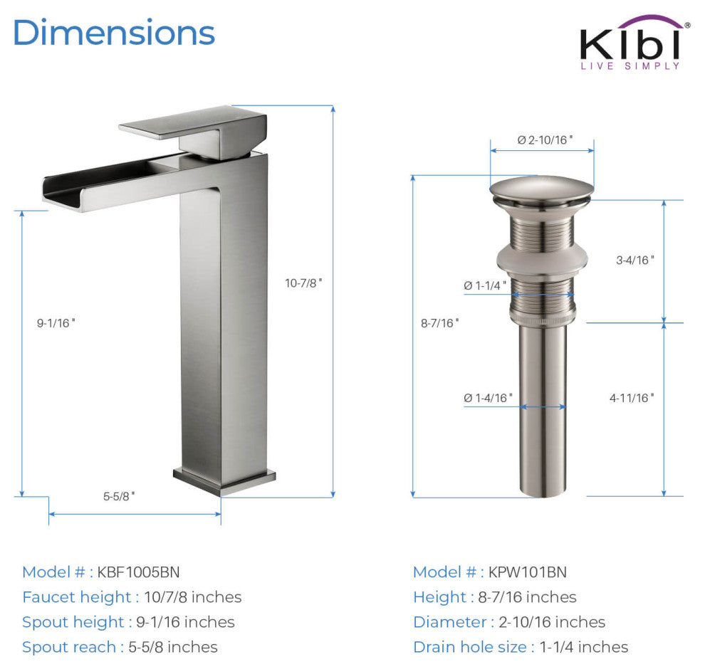 Waterfall Single Handle Vessel Sink Faucet KBF1005, Brushed Nickel, W/ Drain