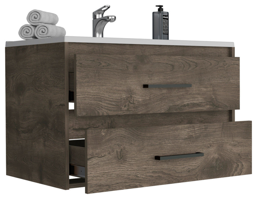 Maine Floating Vanity Bathroom with 2 Drawers and Handles, Dark Brown/White