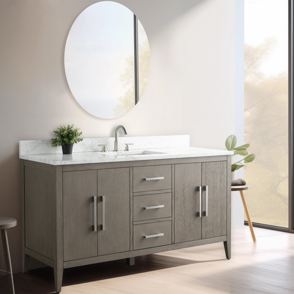 Vanity Art Bathroom Vanity With Sink, Driftwood Gray, 60", Single Sink, Brushed Nickel