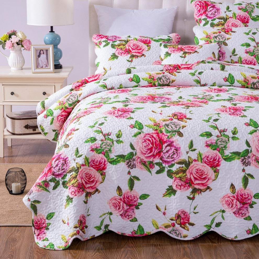 Romantic Roses Lovely Spring Pink Floral Scalloped Bedspread Set, Twin