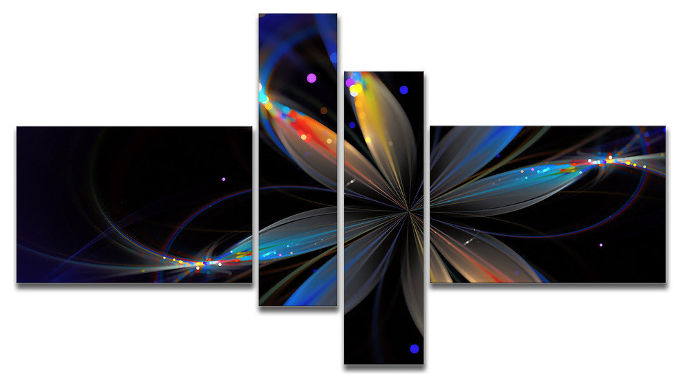 Abstract Fractal Flower on Black, Floral Canvas Art Print, 60"x32", 4 panels