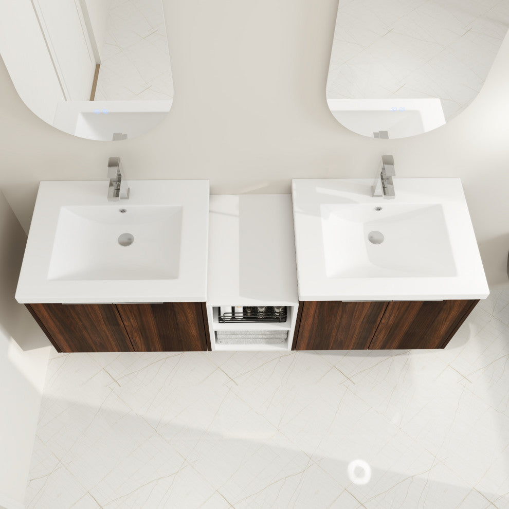 BNK Wall-Mounted Bathroom Cabinet Set with Soft-Close Doors, California Walnut, 60inch